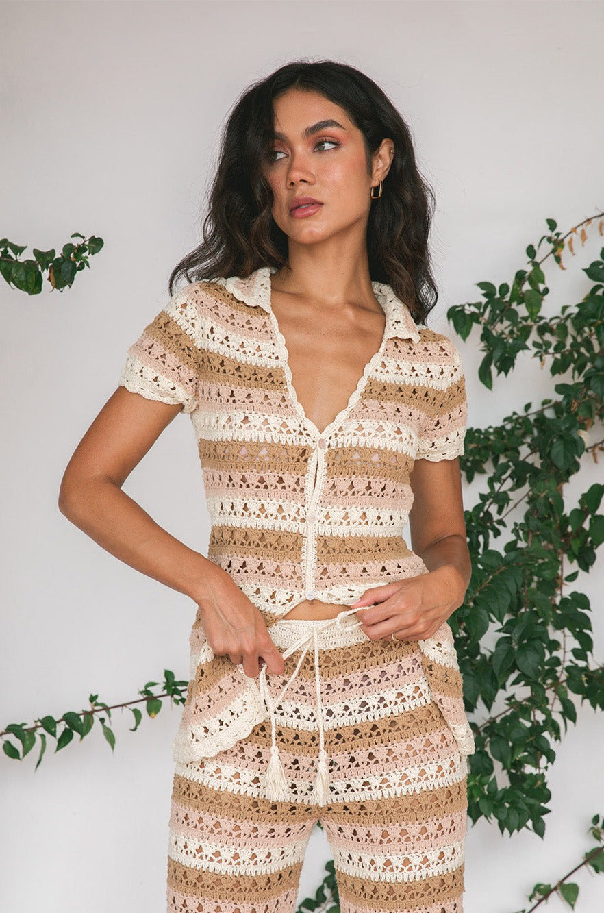 Gian Crochet Button Up Shirt Beige Petal - Isabelle Quinn